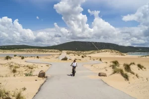 Person riding a bicycle through a road surrounded by the beach and the sea in Andalusia, Spain