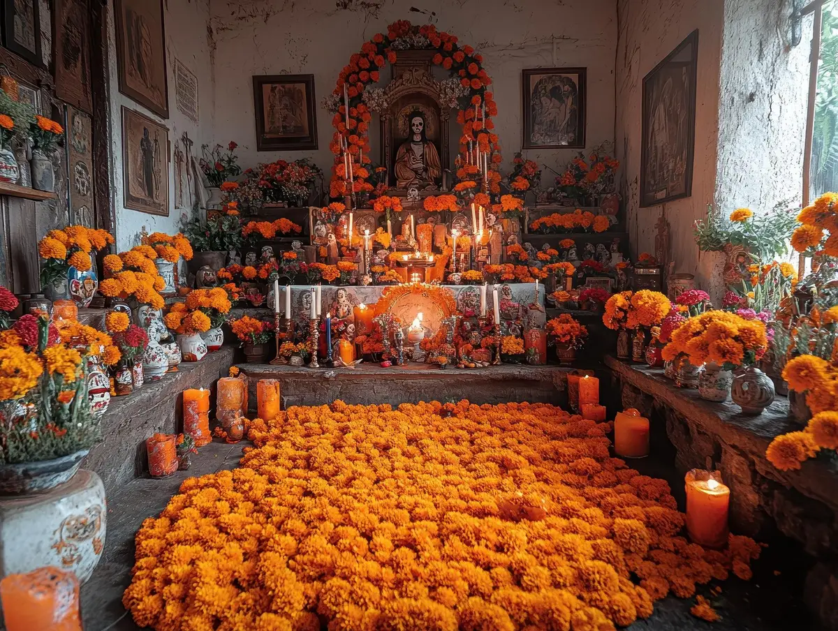 autel offrenda fleurs cempasúchil bougies Mexique