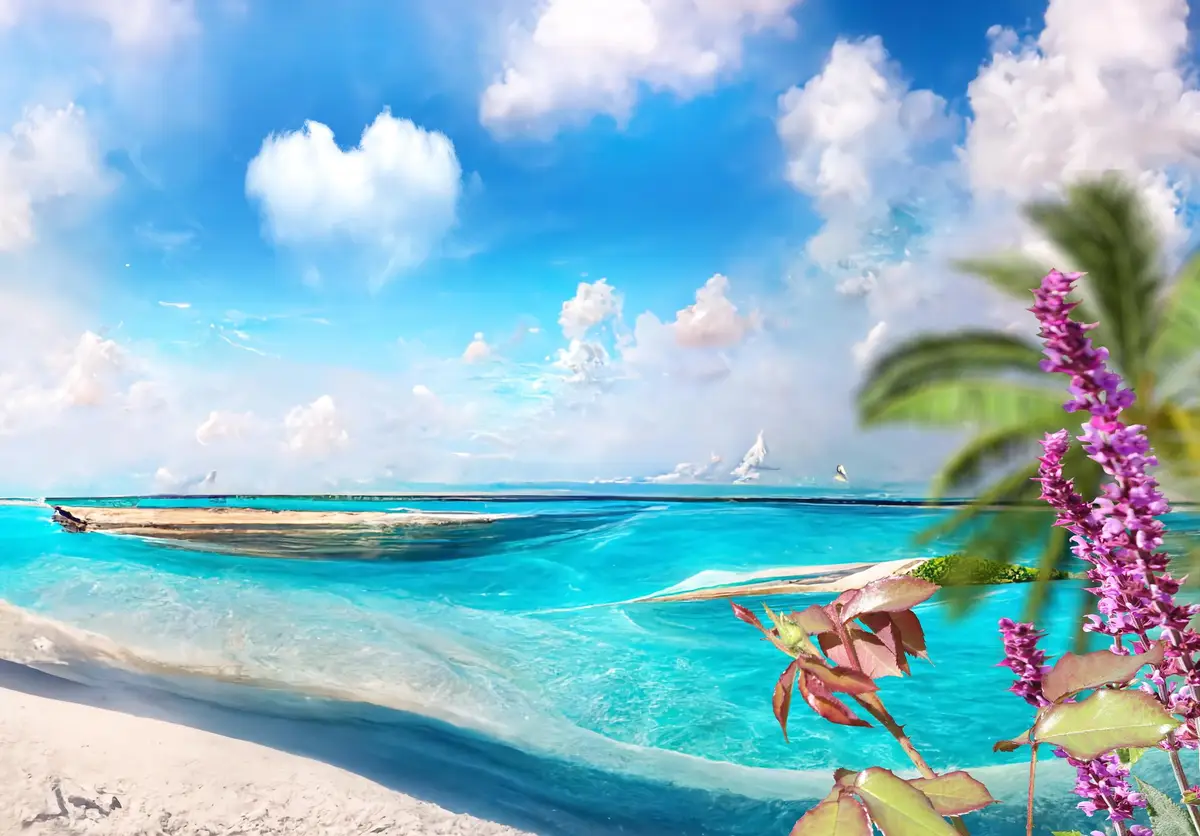 plage tropicale, ciel bleu, bougainvilliers